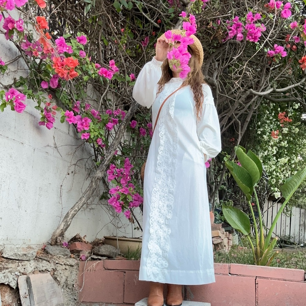 Vtg 70s Off White Cottagecore Dress Victorian‎ Prairie Viole Boho Maxi Gown  L/S